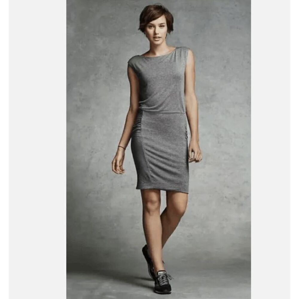 Athleta Micro Striped Westwood‎ Dress Taupe White Ruched Sleeveless Oversized XS